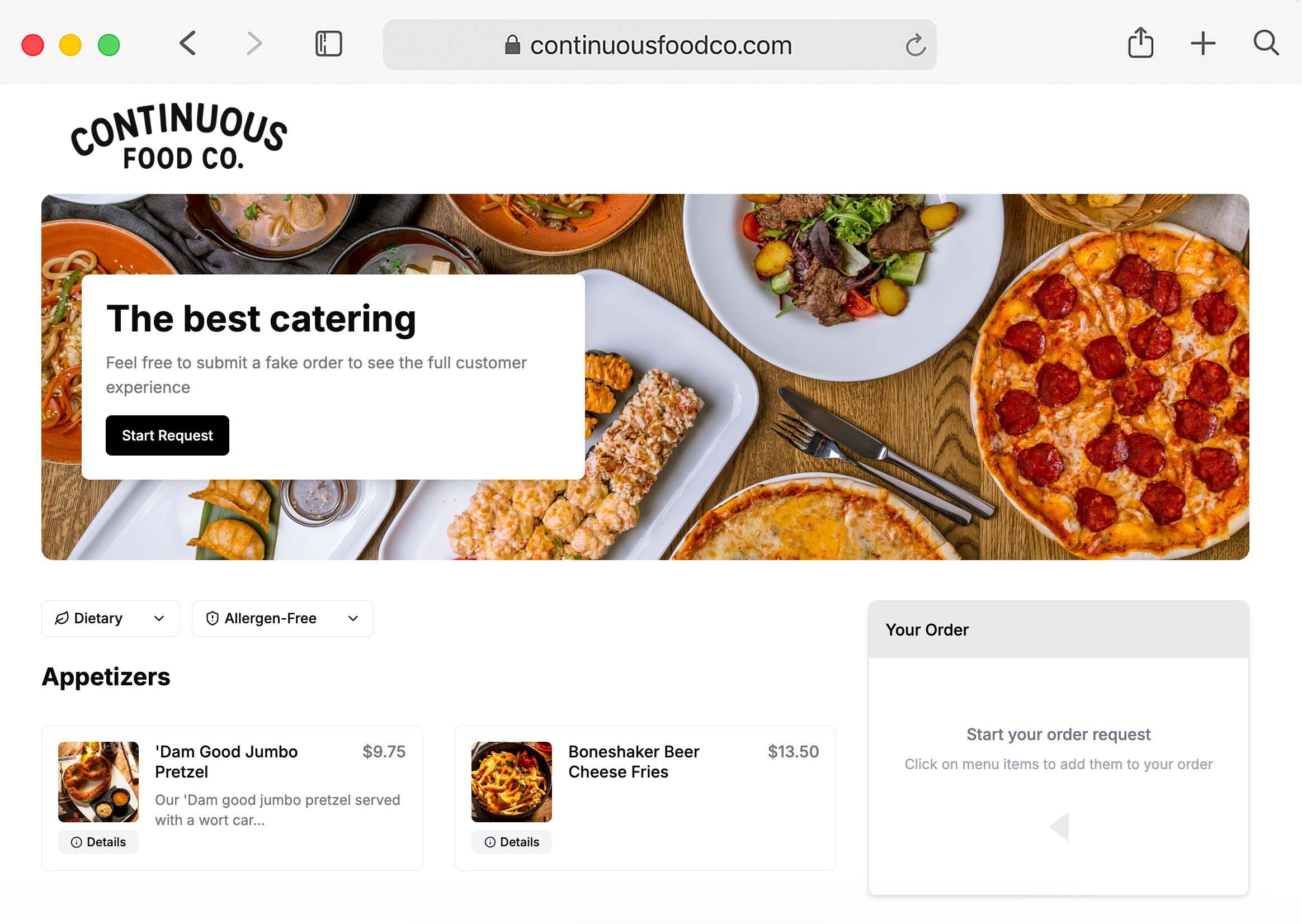 CateringOps ordering page for Continuous Food Co., with a branded menu, dietary filters and order builder.
